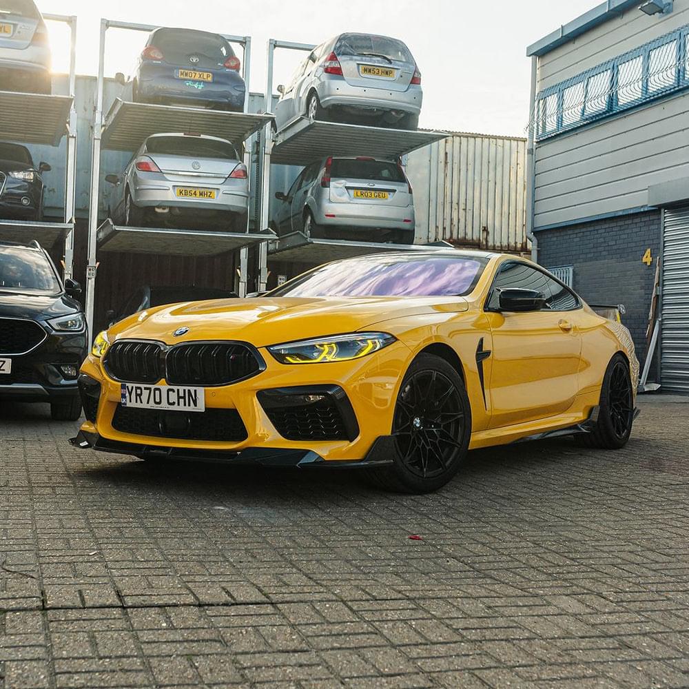 SOOQOO BMW M8 F9x Front Lip In Prepreg Carbon Fiber — product view 2