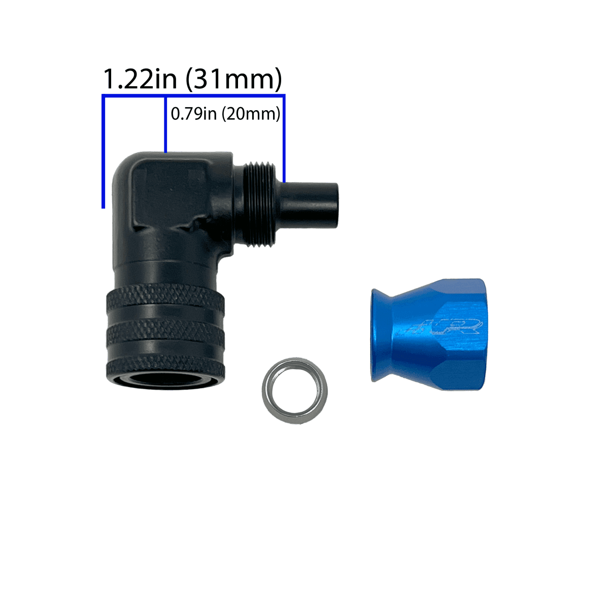 PTFE AN6 90 Degree Fitting to 9.49 (3/8") Female QC.