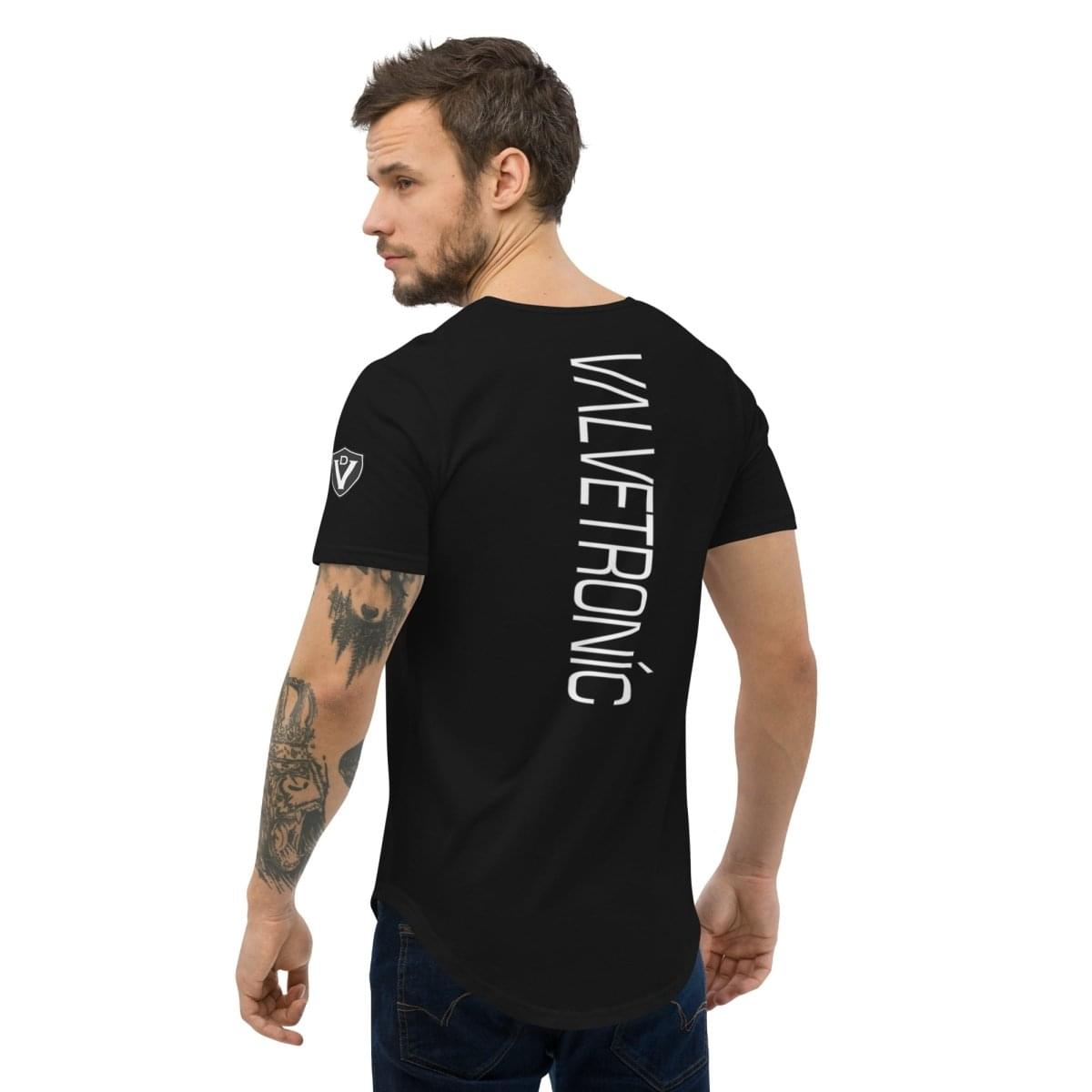 Valvetronic Men's Curved Hem T-Shirt white text.