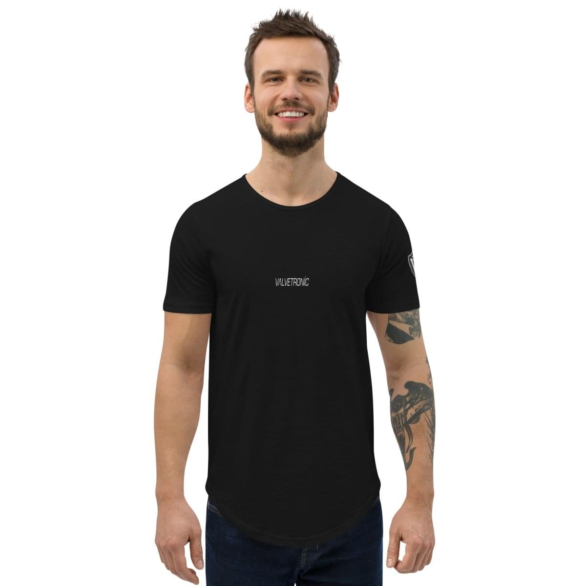 Valvetronic Men's Curved Hem T-Shirt white text.