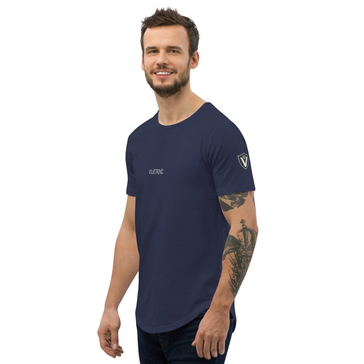 Valvetronic Men's Curved Hem T-Shirt white text.