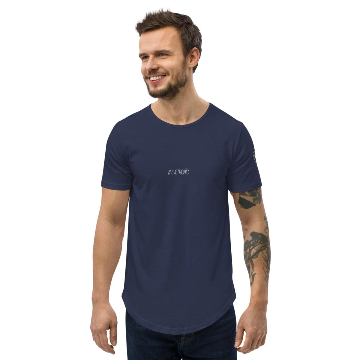 Valvetronic Men's Curved Hem T-Shirt white text.