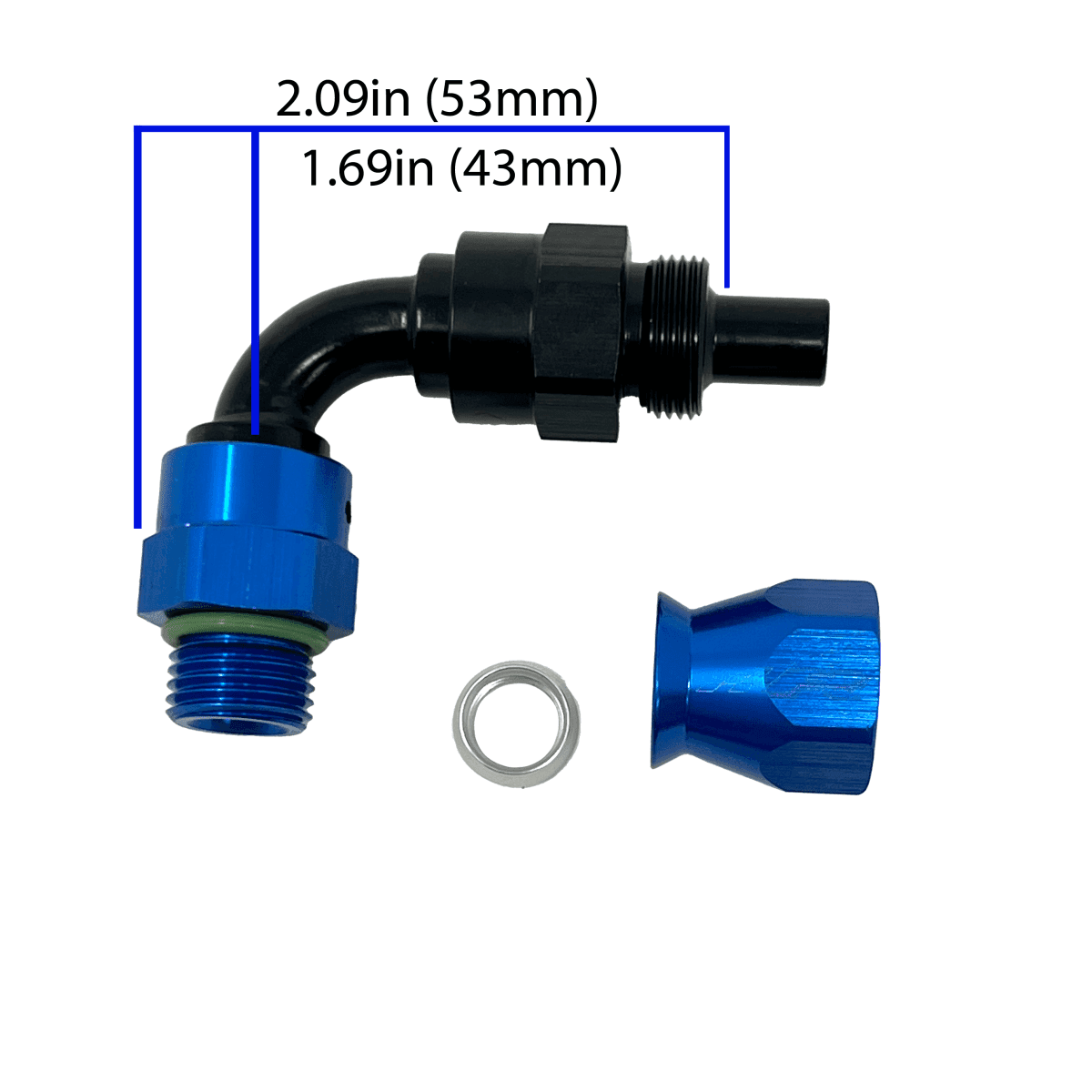 Fuel Line Fitting AN6 PTFE to AN6 ORB Male Swivel 90 Degree.