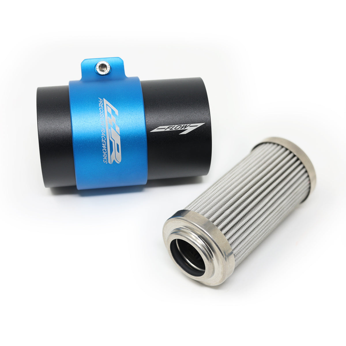 Precision Raceworks fuel filter body, replaceable filter element and billet mounting bracket