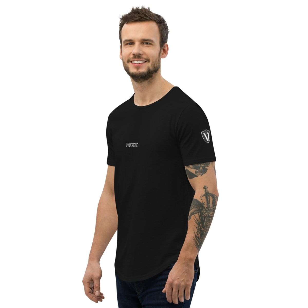 Valvetronic Men's Curved Hem T-Shirt white text.