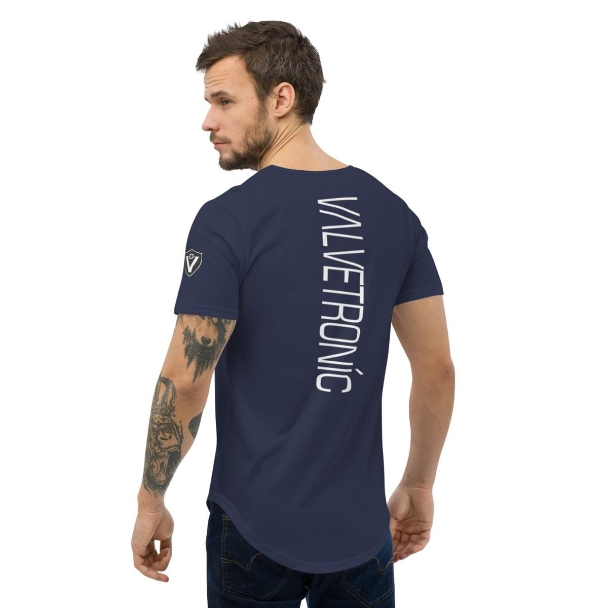 Valvetronic Men's Curved Hem T-Shirt white text.