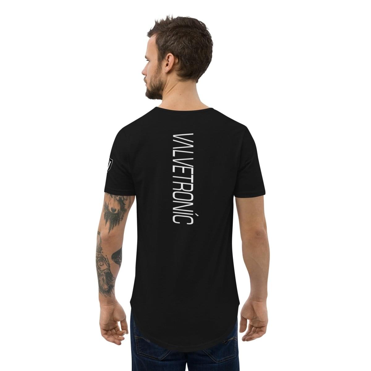 Valvetronic Men's Curved Hem T-Shirt white text.