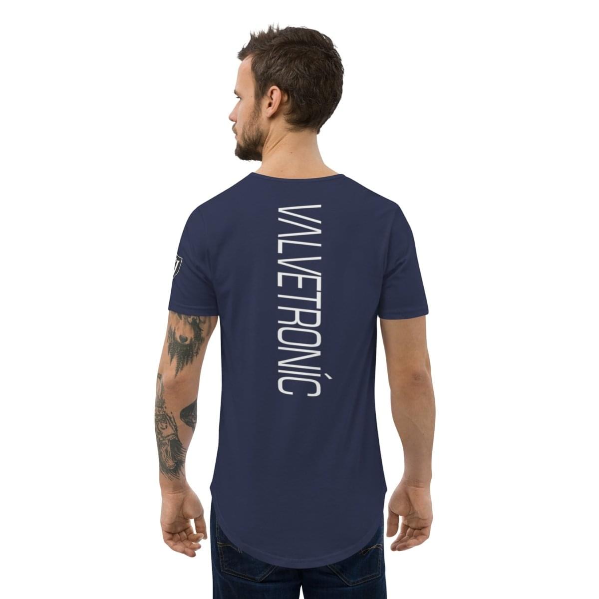 Valvetronic Men's Curved Hem T-Shirt white text.