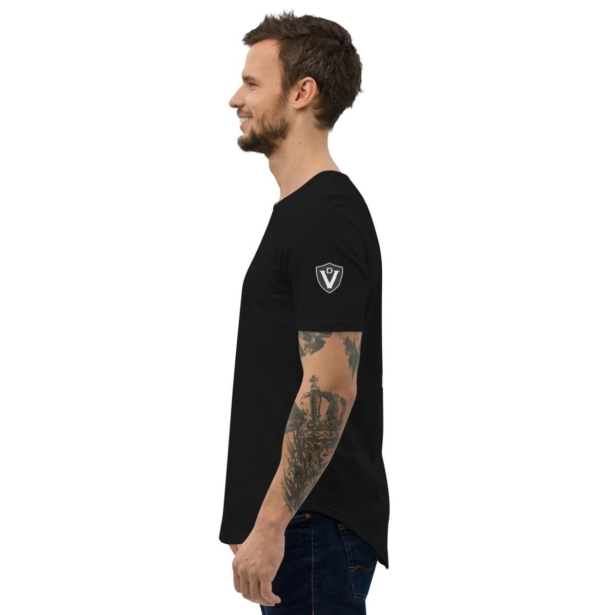 Valvetronic Men's Curved Hem T-Shirt white text.