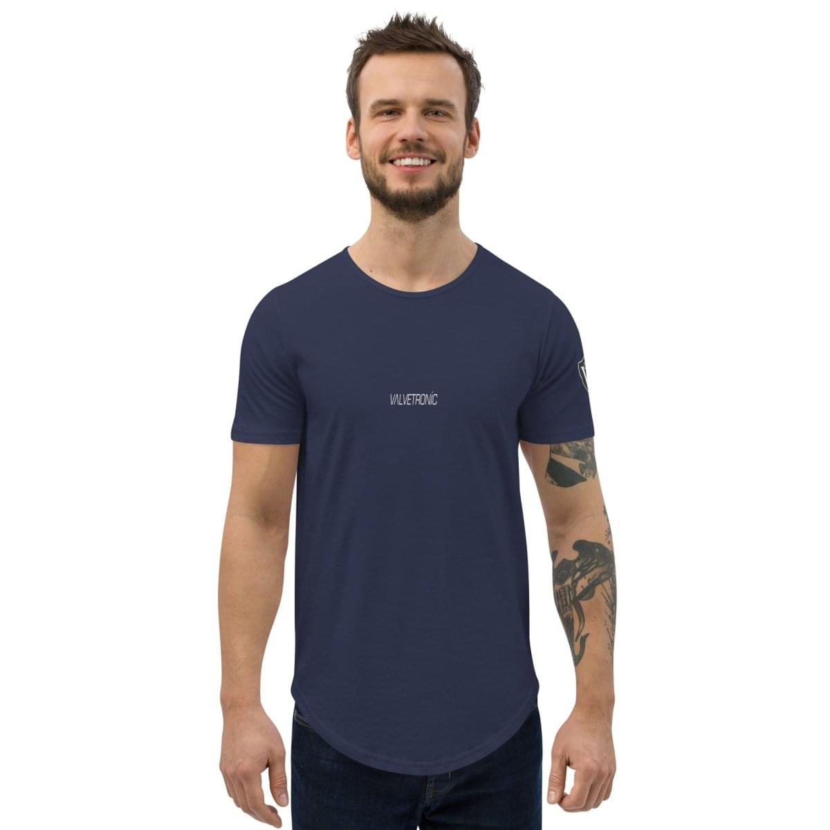 Valvetronic Men's Curved Hem T-Shirt white text.