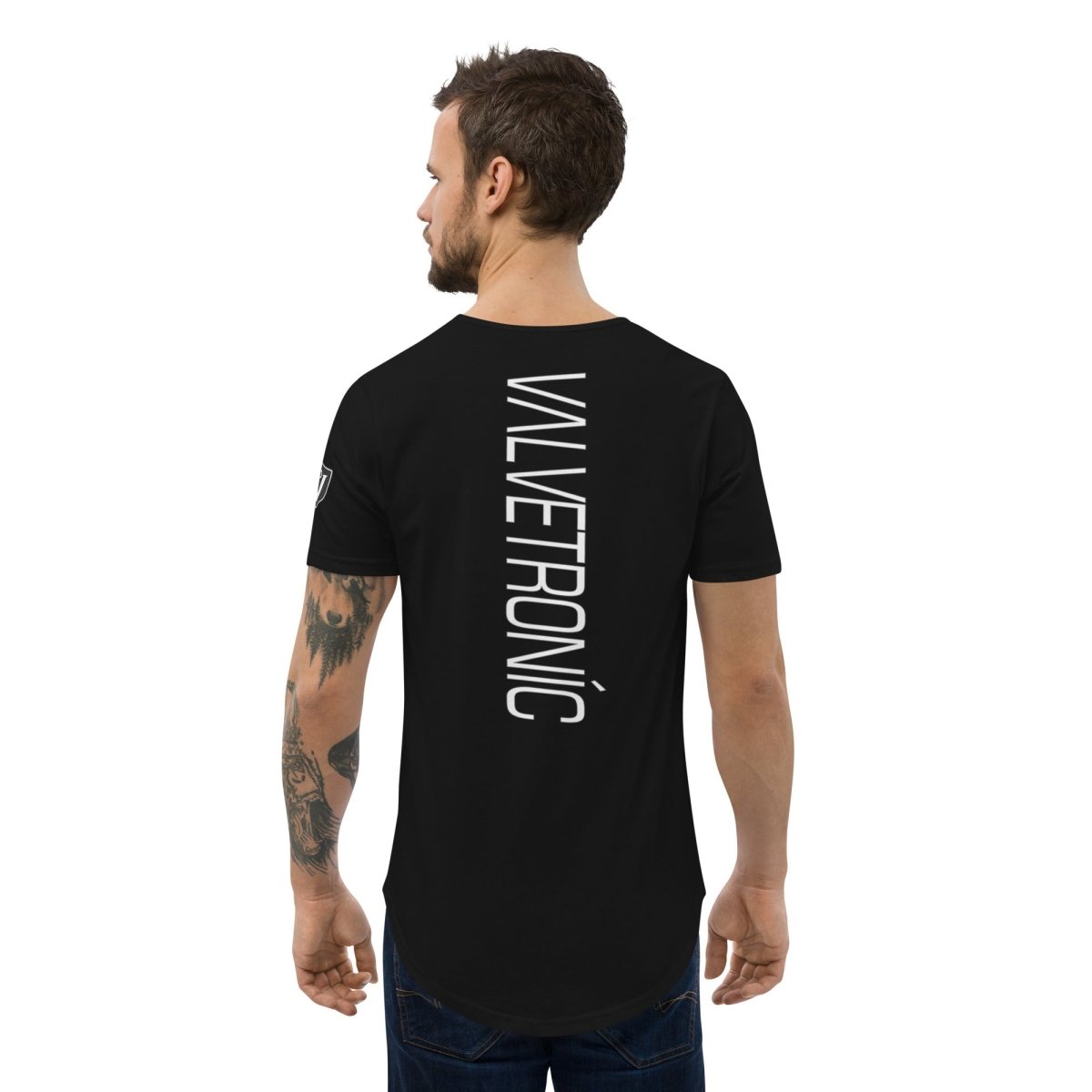 Valvetronic Men's Curved Hem T-Shirt white text.